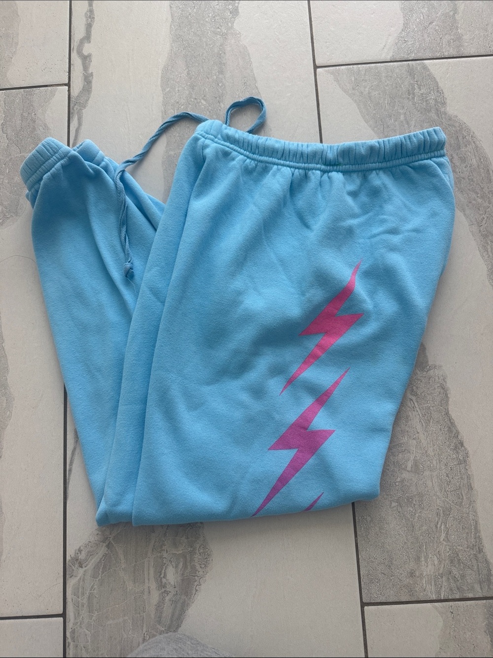 Aviator Nation Light Blue Joggers with Pink Lightning Graphic